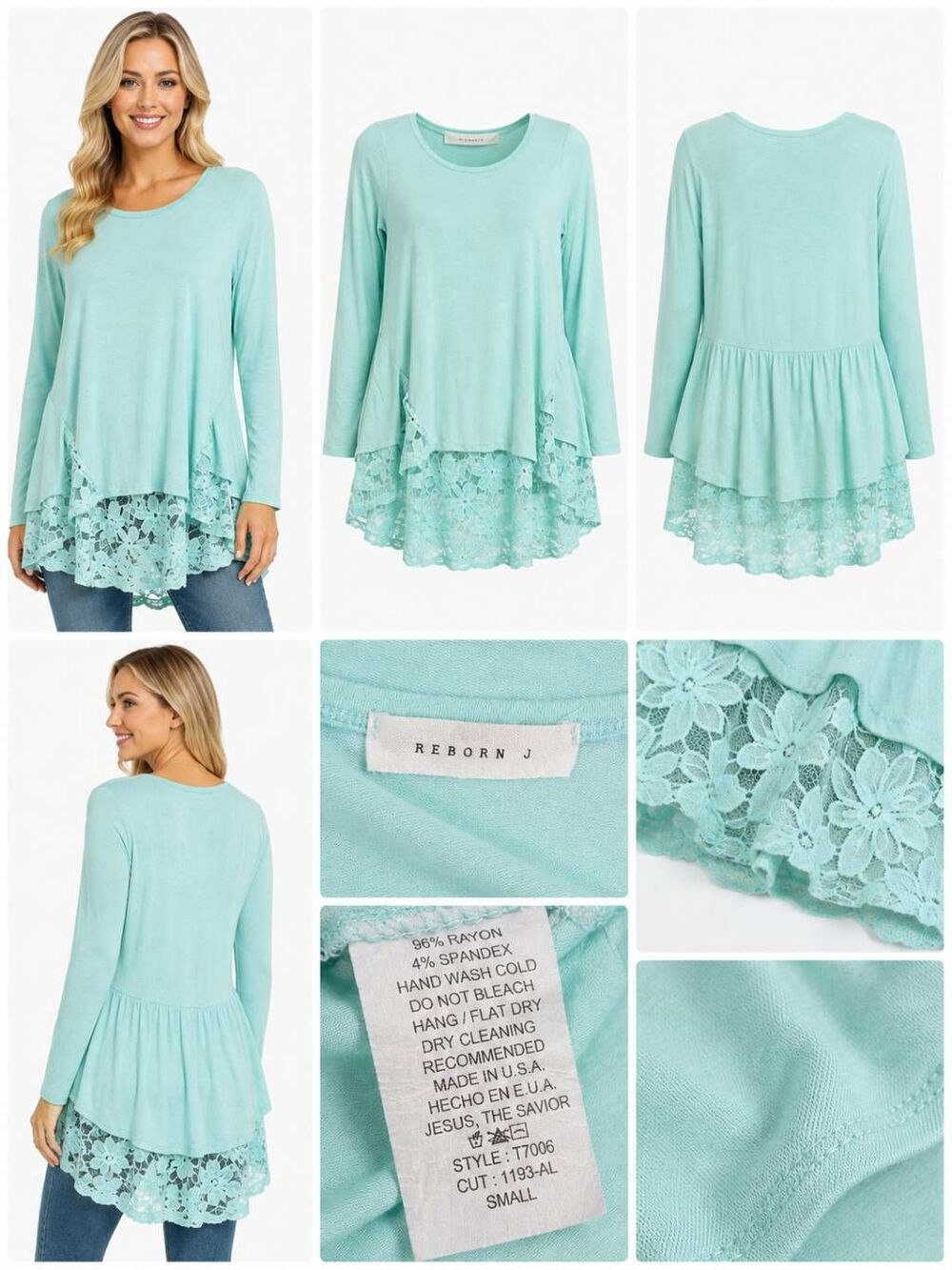 Reborn J Small Mint Lace Hem Tunic Top Long Sleeve